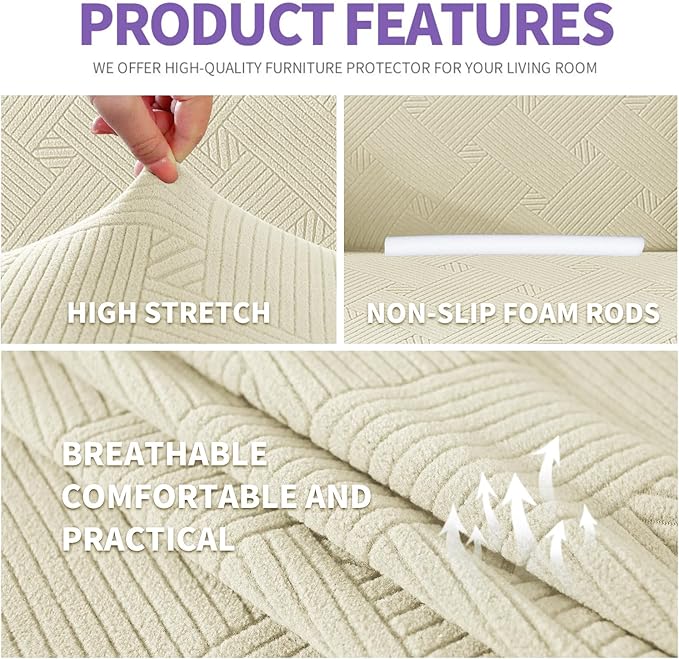 ZNSAYOTX Oversized Super Stretch Couch Cover (92"-115"), New Striped Sofa Covers Comfortable & Durable, Dog Cat Pets Friendly Extra Large Spandex Sofa Slipcovers (Beige, XL Sofa)
