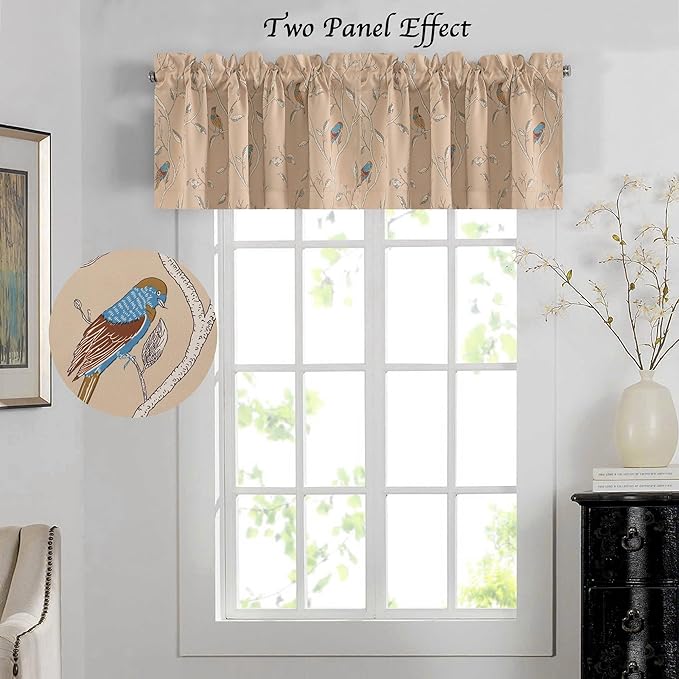 H.VERSAILTEX Blackout Curtain Valances for Kitchen Window/Living Room/Bathroom Privacy Added Rod Pocket Home Decoration Winow Valance, 52" W x 18" L, Birds in Taupe (Pack of 4)