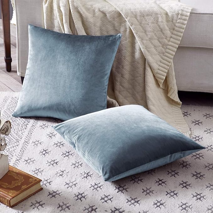 GIGIZAZA Decorative Throw Pillow Covers 24 x 24,Set of 2 Sofa Cushion Stone Blue Pillow Covers,Velvet Pillow Square Cushion Covers