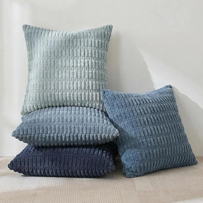 Fancy Homi Set of 4 Blue Boho Decorative Throw Pillow Covers 22x22 Inch for Couch Bed Sofa, Aesthetic Modern Bohemian Room Decor, Soft Fuzzy Cozy Corduroy Textured Coastal Blue Cushion Case 55x55cm