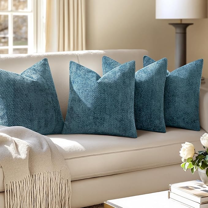MIULEE Pack of 4 Couch Throw Pillow Covers 20x20 Inch Smoke Blue Soft Decorative Chenille Pillow Covers Farmhouse Accent Cushion Covers for Boho Spring Home Decor Sofa Bedroom Living Room