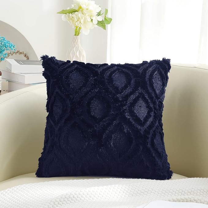 decorUhome Summer Throw Pillow Covers 24x24 Inch Set of 2, Soft Plush Faux Wool Navy Blue Solid Couch Pillow Covers, Accent Euro Sham Farmhouse Neutral Square Pillow Cases for Sofa Bed Living Room