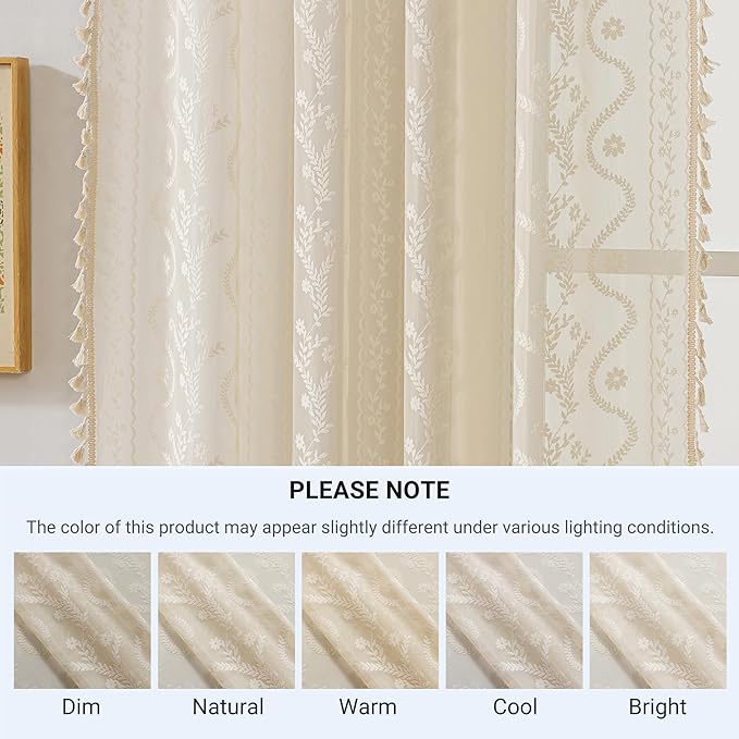 WAZZIO Boho Lace Curtains 2 Panels 84 Inches Long-Cute Vintage Victorian Sheer Panels with French Country Flower Pattern & Tassel Light Filtering Privacy for Bedroom Dining Living Room,Beige