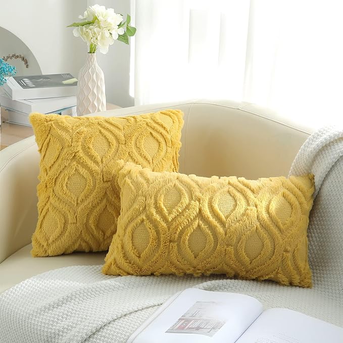 decorUhome Summer Throw Pillow Covers 26x26 Inch Set of 2, Soft Plush Faux Wool Mustard Yellow Solid Couch Pillow Covers, Accent Euro Sham Farmhouse Square Pillow Cases for Sofa Bed Living Room