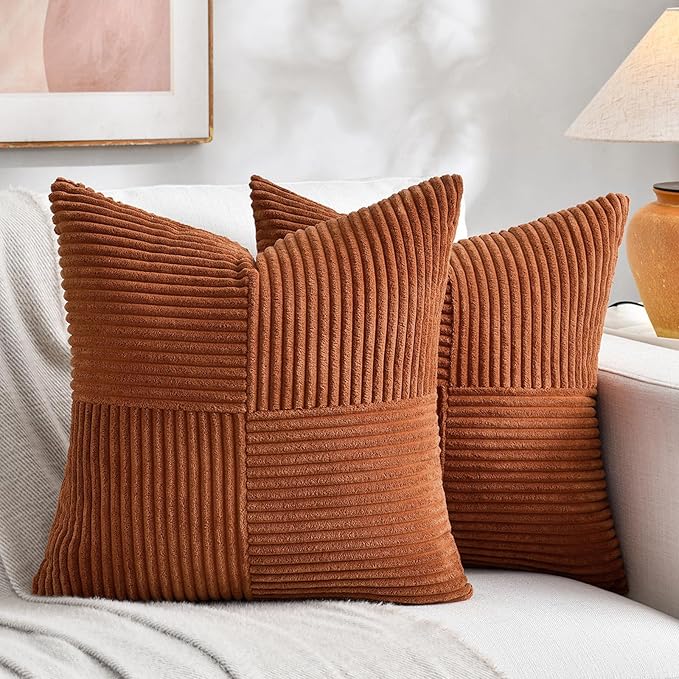 Fancy Homi 2 Packs Rust Decorative Throw Pillow Covers 20x20 Inch for Living Room Couch, Rustic Farmhouse Boho Home Decor, Soft Corss Corduroy Patchwork Accent Terracotta Square Cushion Case 50x50 cm