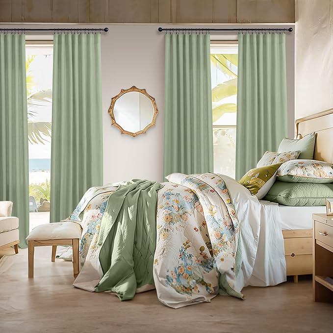 Sage Green Curtains 96 Inches Long for Living Room 2 Panels Back Tab Loop Pocket Linen Draperies Semi Privacy Sheer Light Weight Pale Green Curtains for Bedroom Office Bay Neutral Boho Farmhouse 8 FT