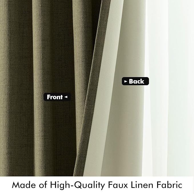 MIULEE 100% Blackout Linen Curtains for Bedroom, Light Olive Green Solid Luxury Decor Thermal Insulation Room Darkening Drapes for Living Room Nursery Back Tab Rod Pocket 42 x 72 Inches, 2 Panels