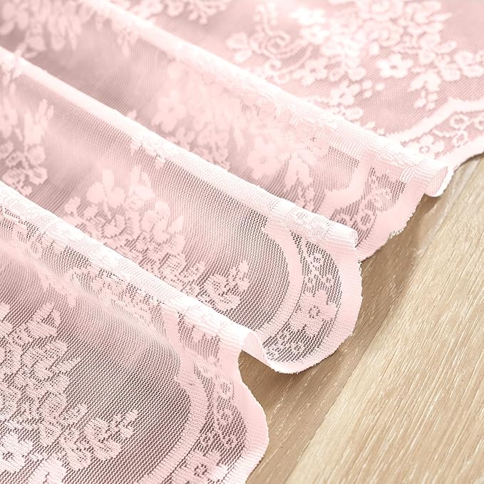 YJ YANJUN Vintage Lace Curtains 30 inch Length 2 Panels - Cute Floral Short Pink Sheer Window Curtain Panels for Little Girls Room Bedroom Princess Cafe Half Curtains Rod Pocket Pink Boho Decor
