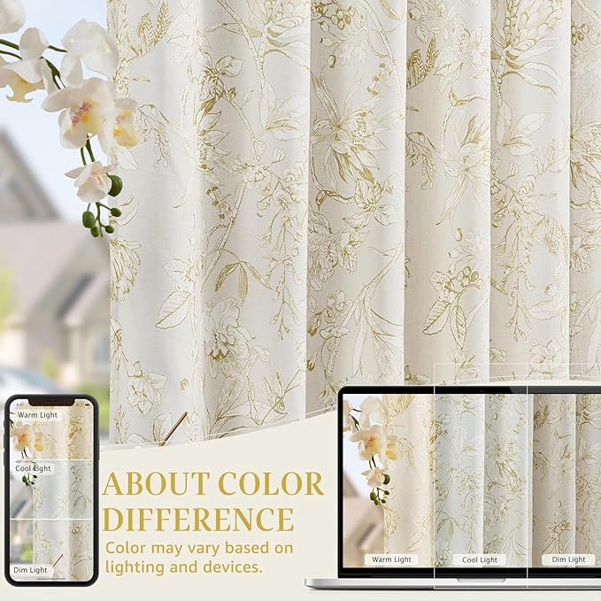 jinchan Floral Curtains 108 Inch Length Mustard Yellow Flower Linen Farmhouse Curtain for Living Room French Country Vintage Curtain Rod Pocket Curtains Set 2 Panels Floral Printed