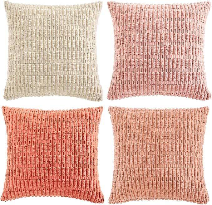 Fancy Homi 4 Packs Blush Pink Decorative Throw Pillow Covers 20x20 Inch for Living Room Couch Bed Sofa, Soft Plush Striped Corduroy Square Light Pink Coral Peach Cream Colorful Cushion Case 50x50 cm