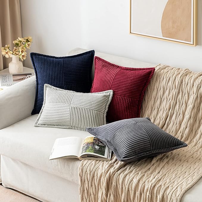 MIULEE Decorative Throw Pillow Covers for Couch Bed Livingroom 20x20 Inch Set of 2 Navy Blue Boho Accent Throw Pllows Broadside Striped Patchwork Soft Corduroy Summer Coastal Pillowcases