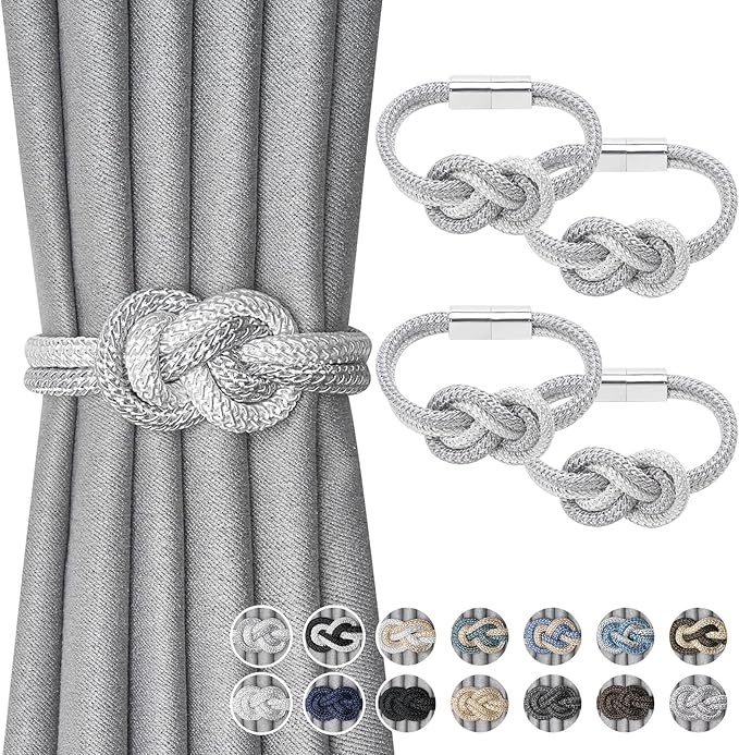 NICEEC 4 Pack Mini Magnetic Curtain Tiebacks Nordic Simple Style Drape Tie Backs Elegant Hand Weave Rope Knot Decorative Curtain Holdbacks for Home & Office Thin Window Drapery (Grey & White)