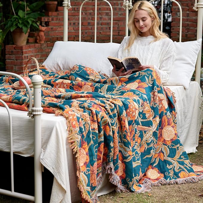 MSGKV Boho Throw Blanket for Bed Twin Size 100% Cotton Floral Bird Blanket 60"x80" Sofa Couch Blankets Muslin Spring Breathable Lightweight Farmhouse Blankets Boho Home Decor All Seasons