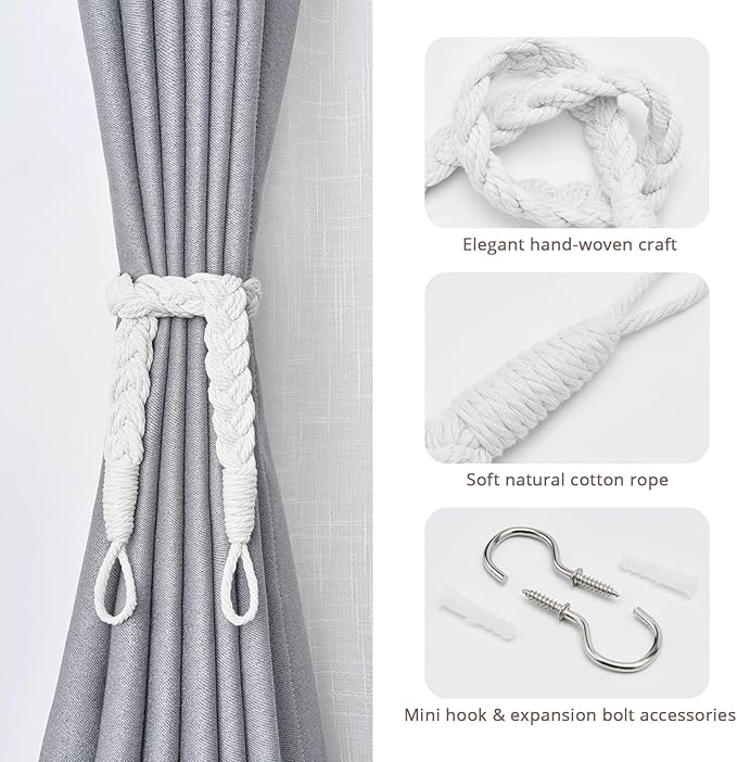 NICEEC 2 Pack Natural Cotton Rope Curtain Tiebacks Elegant Boho Style Decorative Drape Tie Backs Soft Hand-Woven Rope Curtain Holdbacks with Metal Hook for Home & Office Drapery (White)