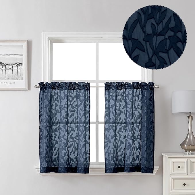Lecloud Leia Navy Blue Sheer Curtains 2 Pieces, 30 Inch Short Curtains, Breathable Jacquard Texture Kitchen Windows Curtains, Small Farmhouse Leaves Voile Drapes Dual Rod Pocket, 38 W x 30 L