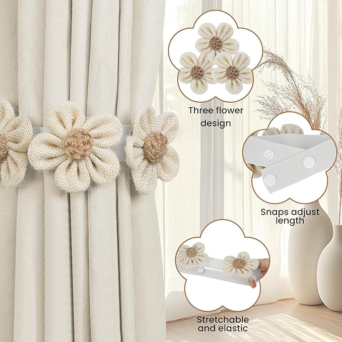 KLOGTSIND Flower Curtain Tiebacks, 2 Pack Boho Curtain Ties Elegant Three Flower Curtain Holdbacks, Decorative Window Treatment Tie Backs for Cute Bedroom Decor, Girl Nursery Decor, Farmhouse Decor