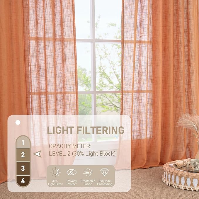 LAMIT Burnt Orange Sheer Linen Curtains, 84 inch Light Filtering Semi Sheer Panels Bronze Grommet Farmhouse Rust Drapes for Living Room/Bedroom, 2 Panels, 52 x 84 Inch