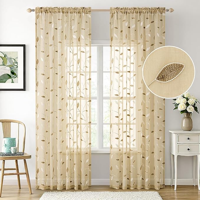MIULEE Beige Sheer Curtains 2 Panels Embroidered Leaf Patterned Rod Pocket Floral Semi Sheer Faux Linen Window Curtains Drapes Set for Living Room Bedroom Dining Room, 52x96 Inches Long