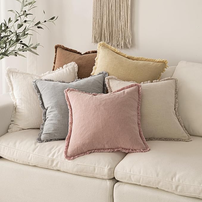 MIULEE Valentines Decorative Throw Pillow Covers Neutral Linen Fringe Throw Pillows Set of 2 Pink Boho Farmhouse Cushion Covers with Tassels for Couch Sofa Bed Living Room Spring Decor 20x20 Inch