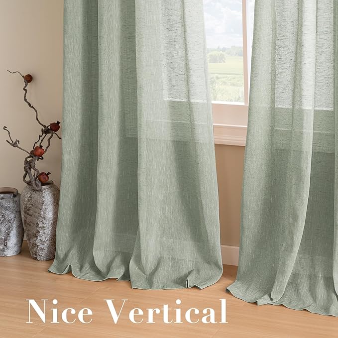H.VERSAILTEX Linen Curtains Natural Linen Blended Curtain Panels for Living Room/Light Reducing Linen Semi Sheer Curtains 96 inch Length 2 Panels Set Nickel Grommet Window Panels, Sage