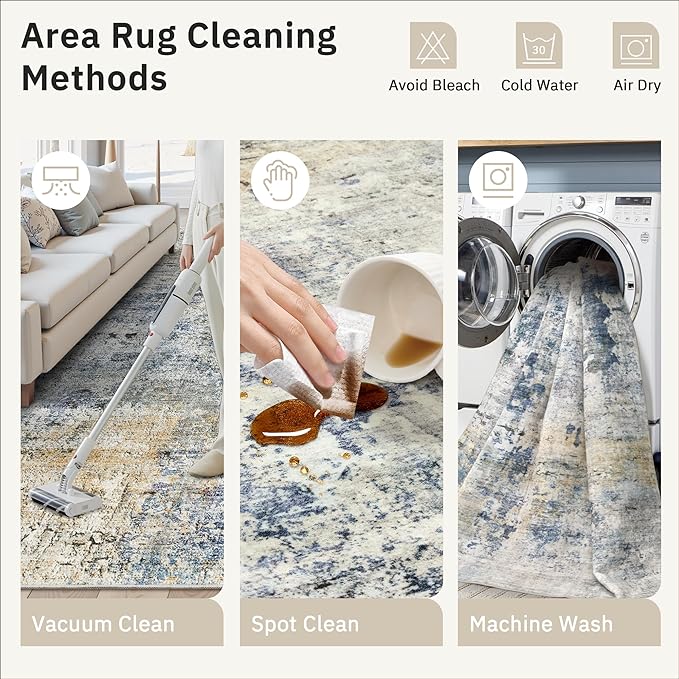 Soalmost 6x9 Abstract Area Rugs for Living Room 6 x 9 Washable Non Slip Low Pile Gray Rugs for Bedroom Dining Room Foldable Thin Blue Yellow