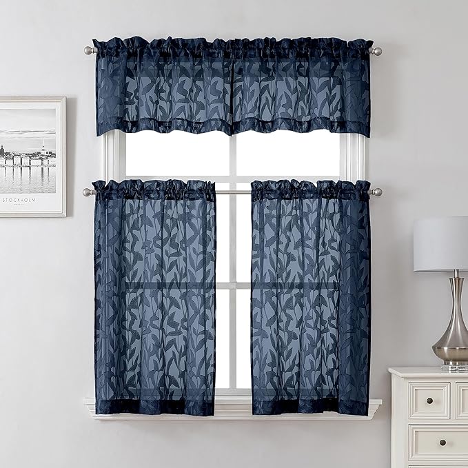 Lecloud Leia Navy Blue Kitchen Sheer Curtains 24 Inch 2 Pcs, Jacquard Leaf Textured Voile Short Curtain Tiers with Dual Rod Pocket, Soft Airy Bathroom Bedroom Curtains for Small Windows, 28" W x 24" L