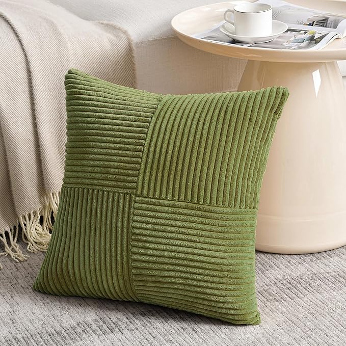 Fancy Homi 2 Packs Moss Green Samll Decorative Throw Pillow Covers 14x14 Inch with for Couch Bed Sofa, Rustic Farmhouse Boho Home Decor, Soft Corss Patchwork Corduroy Square Cushion Case 35x35 cm