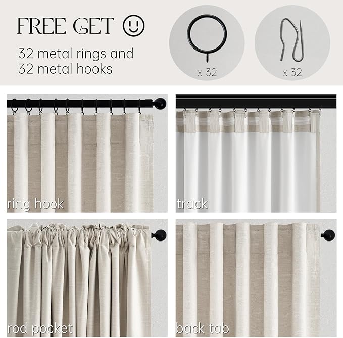 100% Blackout Curtains 70 Inch Wide 90 Inch Long for Living Room Sliding Glass Door Back Tab Pleated Farmhouse Natural Birch Boho Bedroom Heavy Insulated Large Window Drapes (70" Wx90"Lx2Panels)