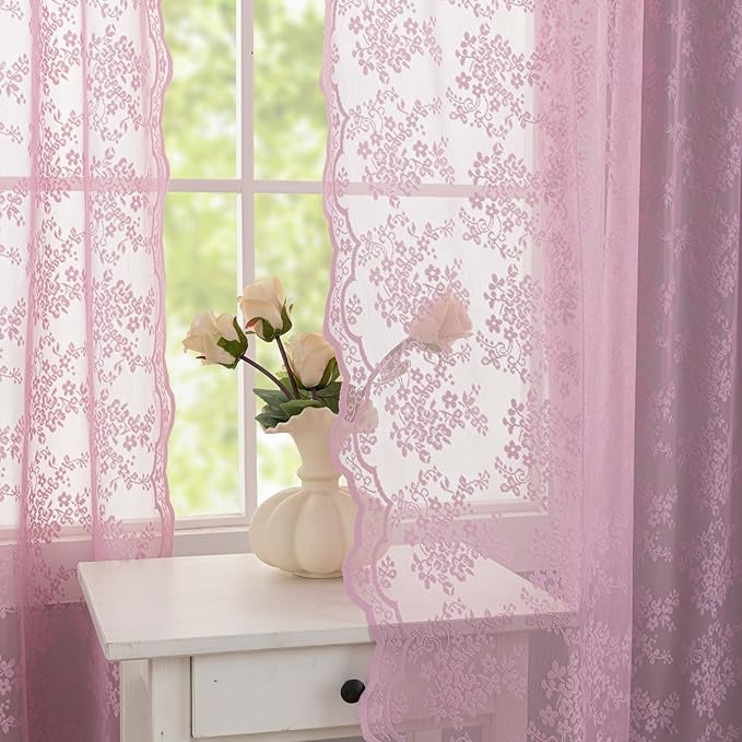 YJ YANJUN Vintage Lace Curtains 63 Inch Length-Victorian Floral Pattern Lilac Sheer Curtain Panels for Living Room Bedroom,Light Filtering, Cute Girls Drapes 2 Panels 52W x 63L Purple Blush