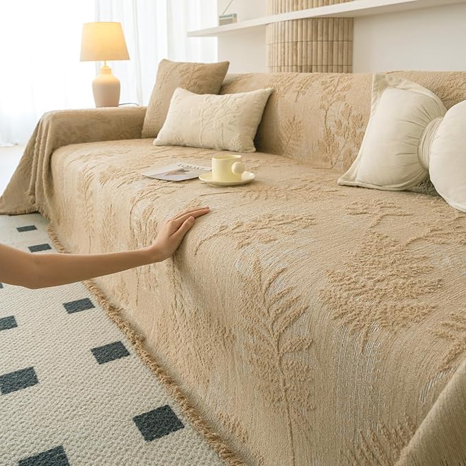 HANDONTIME Washable Couch Covers for Sofa Boho Couch Covers for 3 Cushion Sofa Pet Friendly Camel Chenille Jacquard Couch Protector for Dogs Plant Branch Sectional Cover Sofa Slipcovers, 71" X 134"
