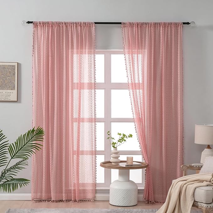 WAZZIO Boho Lace Curtains 84 Inches 2 Panel,Light Filtering Privacy Tassel & Geometry Crochet Semi Sheer Curtain Drapes for Bedroom Living Dining Room,Rod Pocket & Tassel,Light Pink