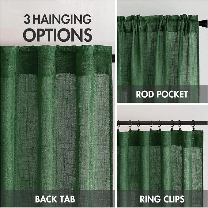 MIULEE Emerald Green Linen Curtains 120 Inches Long for Bedroom Living Room, Christmas Soft Thick Linen Textured Window Drapes Semi Sheer Light Filtering Back Tab Rod Pocket Burlap Look, 2 Panels