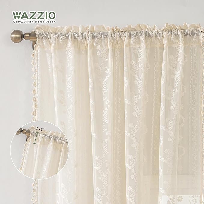 WAZZIO Boho Lace Curtains 2 Panels 84 Inches Long-Cute Vintage Victorian Sheer Panels with French Country Flower Pattern & Tassel Light Filtering Privacy for Bedroom Dining Living Room,Beige