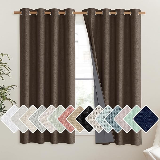 NICETOWN Coffee Vintage Linen 100% Blackout Curtains for Living Room, Thermal Insulated Curtains 63" Long, Noise Reducing Window Treatment Drapes for Hall Room, 52" Wide Per Panel, Set of 2