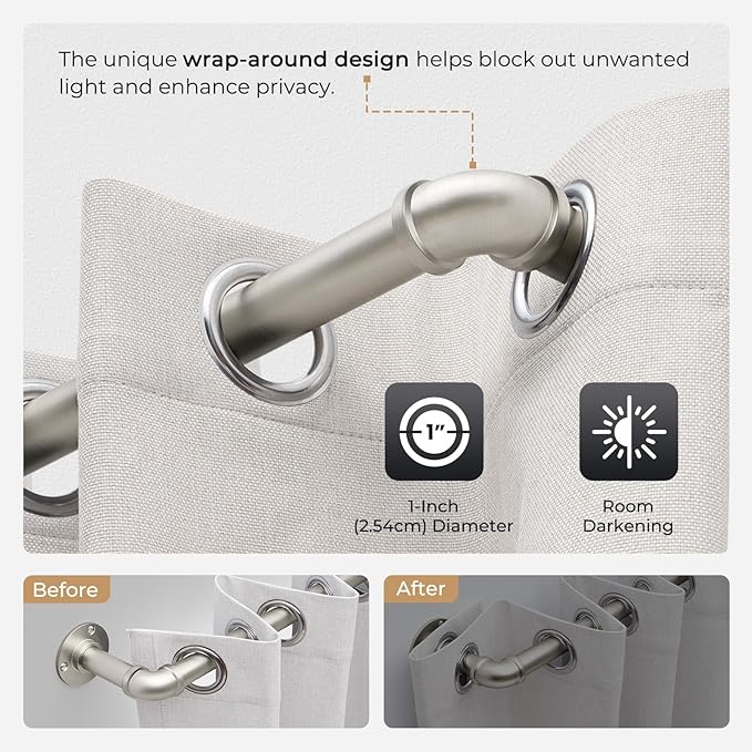 Zeerobee Curtain Rods for Windows 144 to 168, 1 Inch Industrial Wrap Around Brushed Nickel Curtain Rod, Indoor/Outdoor Room Divider Adjustable Drapery Pole, 144"-168"