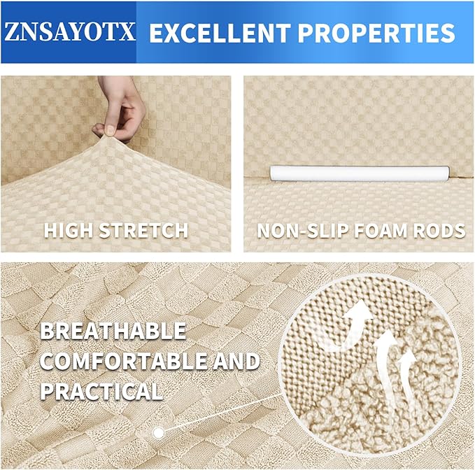 ZNSAYOTX 1 Piece Jacquard Couch Covers for 3 Cushion Couch Living Room High Stretch Sofa Cover Pets Dogs Friendly Anti Slip Thickened Slipcovers Furniture Protector (Sofa, Light Biege)
