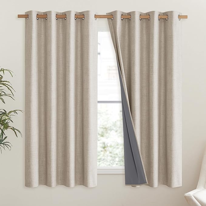 NICETOWN Oatmeal Vintage Open Linen Weave Flax Thermal Curtains, 100% Blackout Curtains 45" Long for Dining Room, Soundproof Window Treatment Drapes for Hall Room, 52" Wide Per Panel, Set of 2