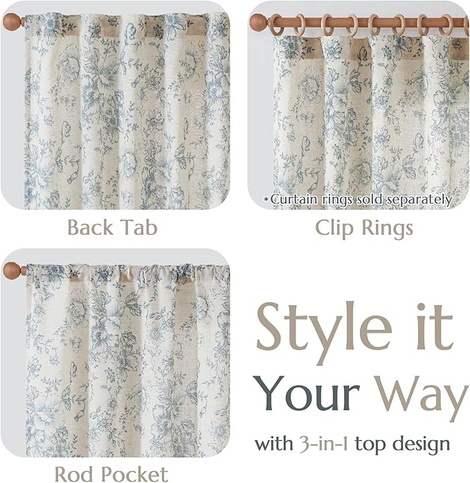 jinchan Linen Floral Curtains 84 Inch Length for Living Room Bedroom Light Filtering Farmhouse Peony Flower Drapes Rustic Window Curtain Set Rod Pocket Back Tab 2 Panels Blue