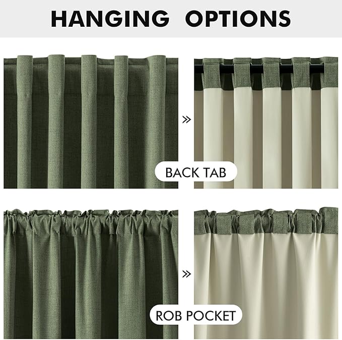 MIULEE 100% Blackout Linen Curtains for Bedroom, Olive Green Solid Luxury Decor Thermal Insulation Room Darkening Drapes for Living Room Nursery Back Tab Rod Pocket 42 x 96 Inches, 2 Panels