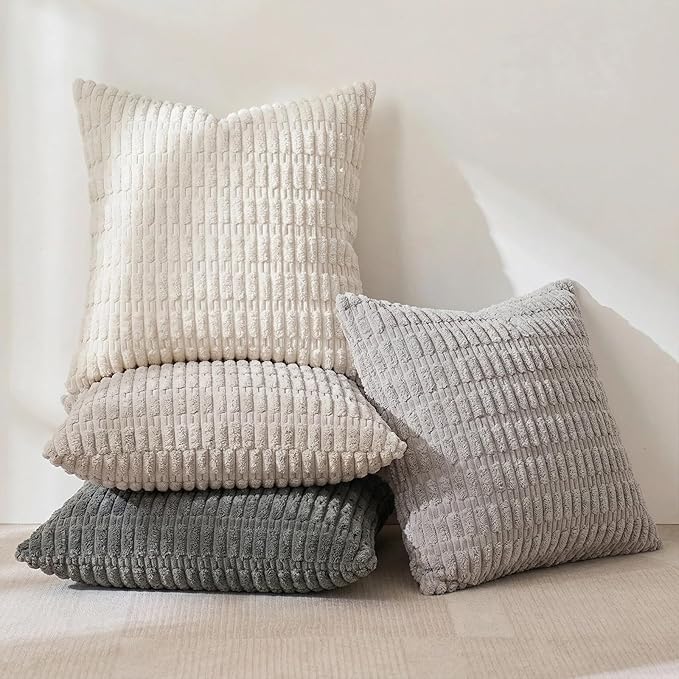 Fancy Homi Set of 4 Grey and White Boho Decorative Throw Pillow Covers 22x22 Inch for Couch Bed Sofa, Aesthetic Modern Bohemian Room Decor, Soft Fuzzy Cozy Corduroy Textured Cushion Case 55x55cm