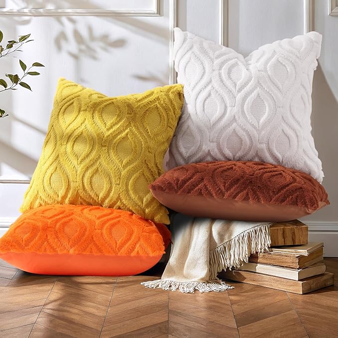 decorUhome Summer Throw Pillow Covers 18x18 Inch Set of 2, Soft Plush Faux Wool Mustard Yellow Solid Couch Pillow Covers, Accent Farmhouse Neutral Square Pillow Cases for Sofa Bed Living Room