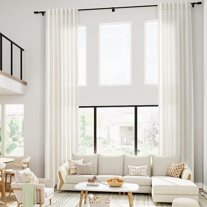 Nanspring Extra Long Curtains 2 Panels 204 Inches Long for Dinning Room Cream Back Tab Rod Pocket Light Filtering Semi Sheer Drapes Cotton Linen Textured Window Curtain for Bedroom 52x204