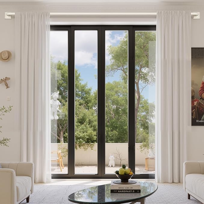 Beige White Curtain Rods for Windows 66-120Inch(5.5-10ft) Heavy Duty French Return Rod, Wrap Around Blackout Curtain Rods, Long Adjustable Room Darkening Drapery Rod for Bedroom, Living Room Outdoor