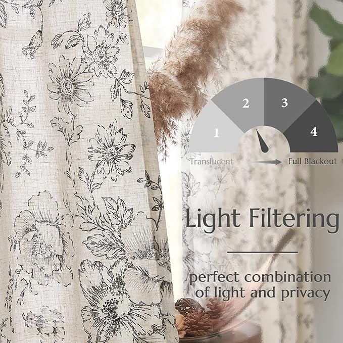 jinchan Linen Blend Curtain Floral Curtains for Living Room 45 Inch Length Black Printed Curtain Rod Pocket Back Tab Farmhouse Peony Flower Patterned Drapes Bedroom Window Curtains Set 2 Panels