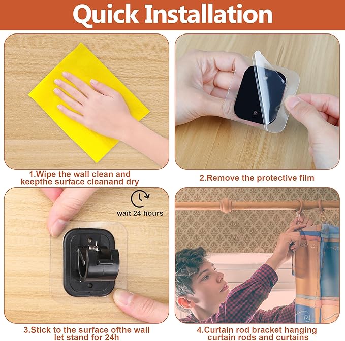 Curtain Rods No Drilling for Windows,5/8 Inch Diameter Drapey Pole with No Drill Curtain Rod Brackets (2PCS Black, 30 to 45")