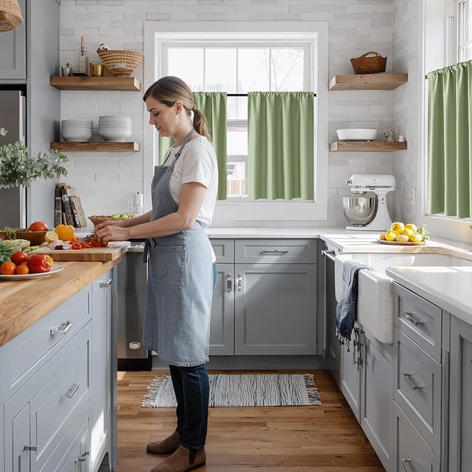 RYB HOME 100% Blackout Short Curtains for Small Window, Thermal Insulated Total Room Darkening Noise Reducing Curtains for Kitchen Bathroom Basement, 42 inches Wide by 45 inches Long, Sage Green