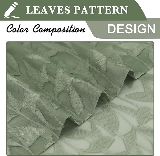 Lecloud Leia Sage Green Sheer Kitchen Curtains 18 Inch Length 2 Pcs, Jacquard Leaf Textured Voile Valances for Windows, Dual Rod Pocket Cafe Curtains for Bathroom Basement, Each Panel 28" W x 18" L