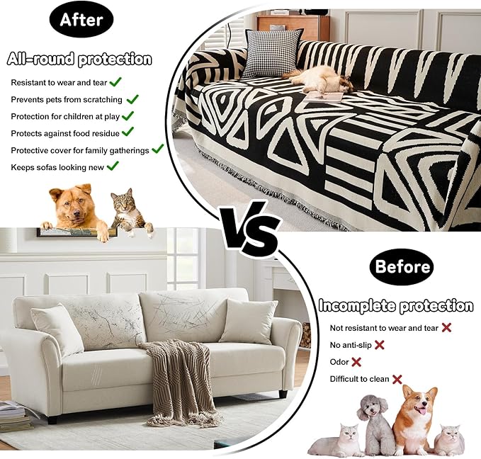 HANDONTIME Boho Sofa Covers for Dogs Black Couch Sofa Covers for 3 Cushion Couch Sofa Beige Chenille Sofa Slipcover Washable Sectional l Shaped Covers Pets Protector Furniture Covers 71" X118"