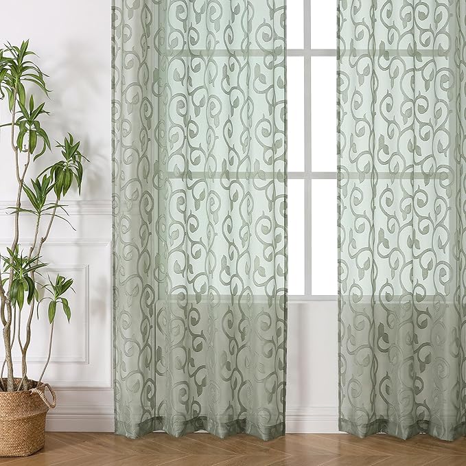 OWENIE Furman Sage Green Sheer Curtains 96 inches Extra Long for Bedroom Living Room 2 Panels Set, Light Filtering Soft Semi Sheer Jacquard Clip Farmhouse Curtains Rod Pocket Design, 40Wx96L inch
