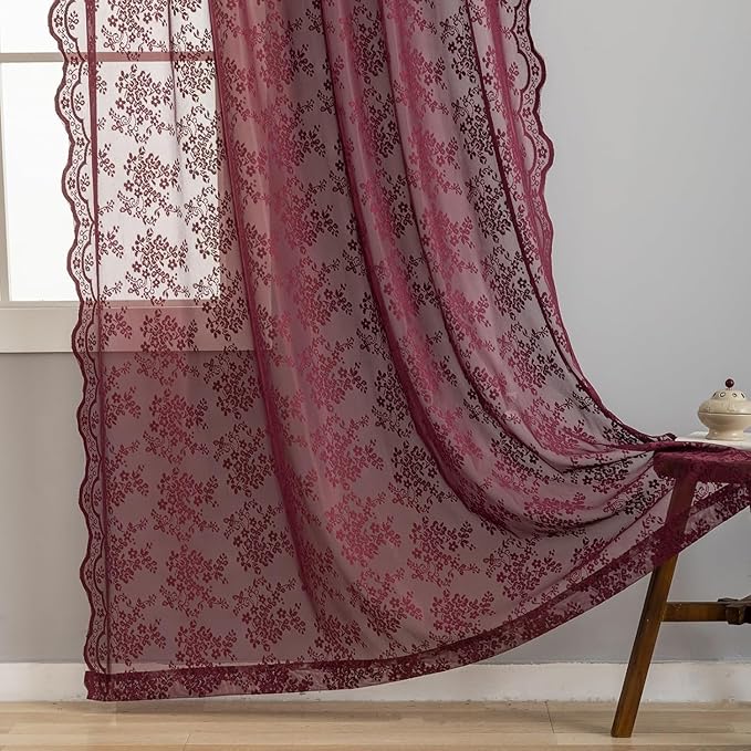 YJ YANJUN Vintage Lace Curtains 90 Inches Long-Victorian Floral Red Burgundy Sheer Curtain Panels forLiving Room Patio Sliding Door Rod Pocket Wedding Party Christmas Decor 2 Panels 52W x 90L